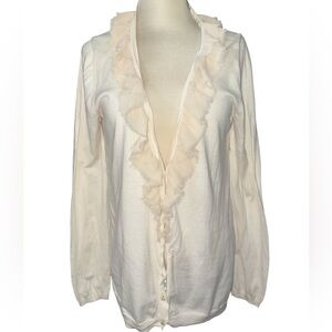 J. Crew sweater cardigan long sleeves deep cut neckline ruffled front size large